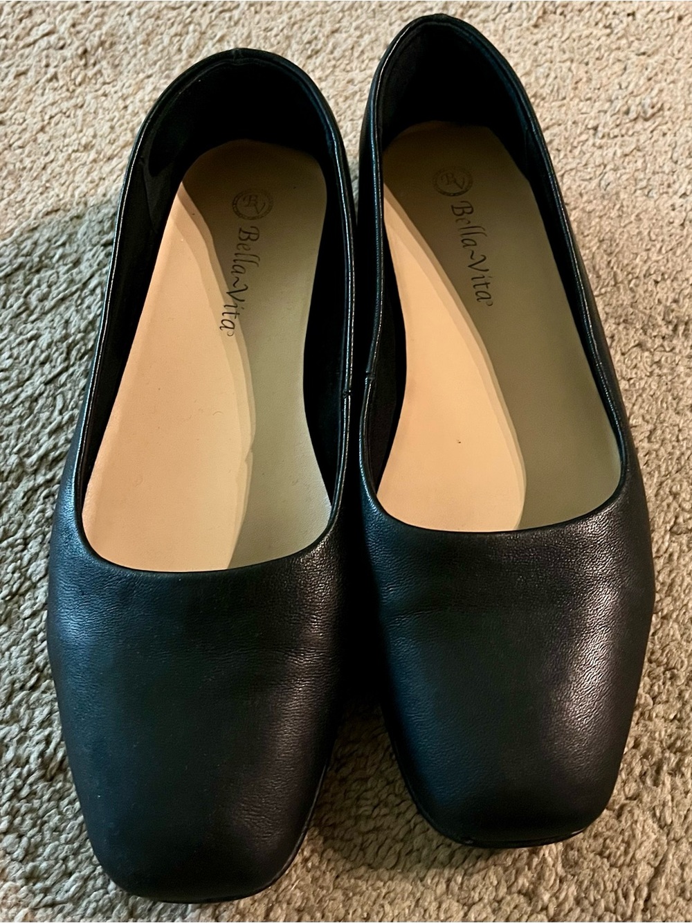Bella Vita Black Leather Square-Toe Slip-On Flats